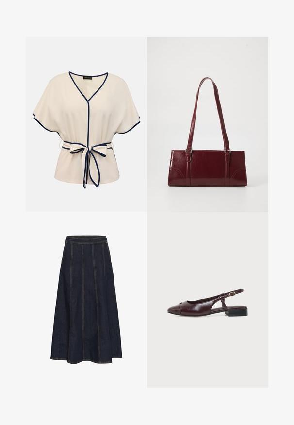 Licht beige blouse met korte mouwen, marineblauwe afwerking, V-hals en bijpassende riem gestrikt in een strik in de taille.; Donkerdenim A-lijn rok met een brede tailleband, zichtbare stiksels en een uitlopende zoom. Er zijn geen zakken of versieringen aanwezig.; Donkerbruine leren platte slingbackschoen met puntige neus, klein gouden detail aan de voorkant en verstelbare zijriem met gesp.; Bourgondische handtas van glanzend materiaal, rechthoekige vorm, met twee schouderbanden en subtiele gebogen accenten aan de voorkant.