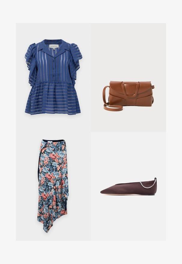Blusa azul de manga corta con rayas verticales y horizontales, botones en el frente, mangas con volantes y con un bajo acampanado.; Rabanne Falda de tubo - english tapestry/pink/blue/green; Zapato plano de punta fina de color marrón oscuro con un tacón bajo y un detalle de cadena de pedrería plateada en la parte trasera.; Bolso de mano de cuero marrón con un diseño elegante, que presenta una solapa estructurada, un cierre prominente y una correa ajustable para mayor versatilidad.