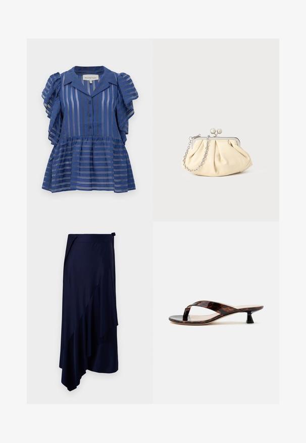 Blaue kurzärmlige Bluse mit vertikalen und horizontalen Streifen, Knopfleiste, Rüschensäumen und einem Peplumsaum.; Rabanne Bleistiftrock - deep navy; Braune Schildpatt-Kitten-Heel-Sandale mit Zehensteg und quadratischer Spitze auf einfachem hellen Hintergrund.; Faltige beigefarbene Ledertasche mit einem silbernen Metallrahmen, ausgestattet mit zwei runden dekorativen Verschlüssen und einem silbernen Kettenriemen.