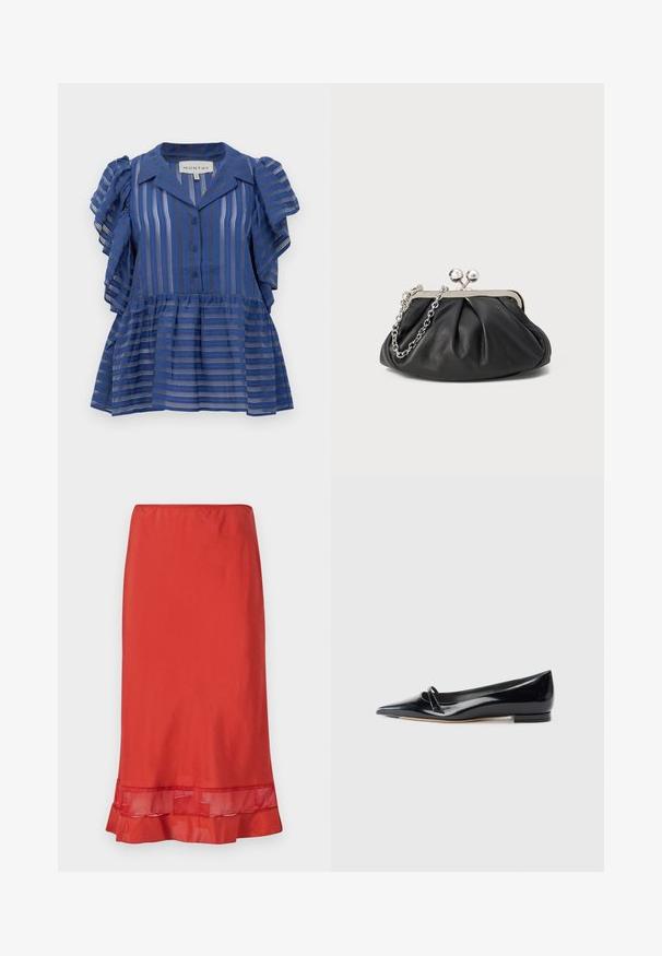 Blouse bleue à manches courtes avec des rayures verticales et horizontales, devant boutonné, manches volantées et ourlet peplum.; Jupe rouge en tissu lisse, avec une accent en maille au ourlet. La jupe présente une silhouette ajustée avec un bas froncé.; Chaussure plate en cuir verni noir avec un bout pointu, une petite lanière décorative et un petit talon carré. Texture lisse et design épuré.; Porte-monnaie en cuir noir avec texture froncée, cadre en métal argenté, fermeture à verrouillage kiss-lock et bandoulière en chaîne. Surface lisse et douce.