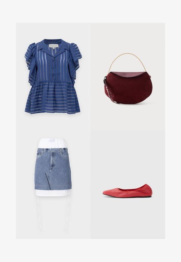 Blauwe blouse met korte mouwen, voorzien van verticale en horizontale strepen, knopen aan de voorkant, ruches aan de mouwen en een peplumzoom.; Denimrok met een blauwe body, witte geperforeerde tailleband en trekkoord. Heeft voorzakken en een rechte snit met een rauwe zoom.; Filippa K REY FLATS - Ballerina's - bright red; Donkerrode suède handtas in halvemaanvorm met een glad leren klep, gouden kettinghandvat en verstelbare leren riem op een witte achtergrond.