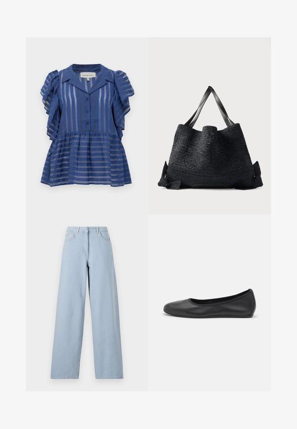 Sinine lühikeste varrukatega pluus, millel on vertikaalsed ja horisontaalsed triibud, nööbid ees, volangvarrukad ja peplum värvel.; REMAIN COCOON PANTS - Wide leg - light blue; Musthave mustika tantsutossud mustast nahast, ümmarguse varbaga, siledast tekstuurist, minimaalse õmblusdetailiga ja paindliku tallakujundusega.; Suur must põimitud ostukott laiade lameda sangade ja avatud ülaosaga, taustaks ühtlane hele pind.