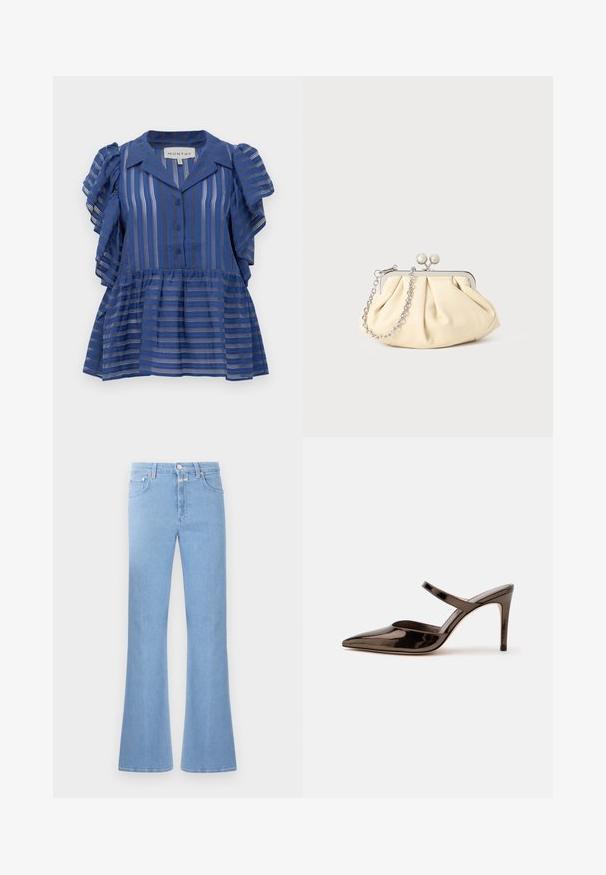 Blå kortærmet bluse med lodrette og vandrette striber, knaplukning foran, rynkede ærmer og peplumkant.; Lyseblå udvidede jeans lavet af denim, med høj talje, fem lomme design og kontraststing. Glat tekstur med en ren overflade.; Skinnende mørkebrune mule med spids tå og høje hæle med en tynd rem over foden på en ensfarvet hvid baggrund.; Plisseret beige læderclutch med en sølvmetalramme, der har to runde dekorative låse og en sølvkædetrasporte.