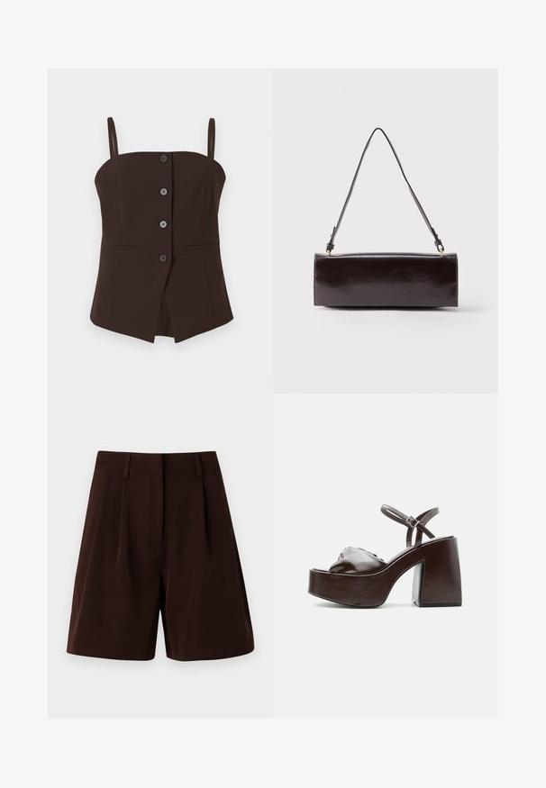 Top sans manches marron foncé avec des boutons, des fines bretelles et un ourlet légèrement évasé sur fond blanc.; Shorts plissés marron en tissu léger. Dotés d'une ceinture classique et de poches latérales, avec une coupe droite et des bords ourlés.; Sandale plateforme en cuir marron foncé avec talon bloc épais, bout ouvert et bride réglable à la cheville avec boucle métallique.; Sac à main rectangulaire en cuir noir avec une longue bandoulière unique et une finition brillante, présenté sur un fond blanc uni.