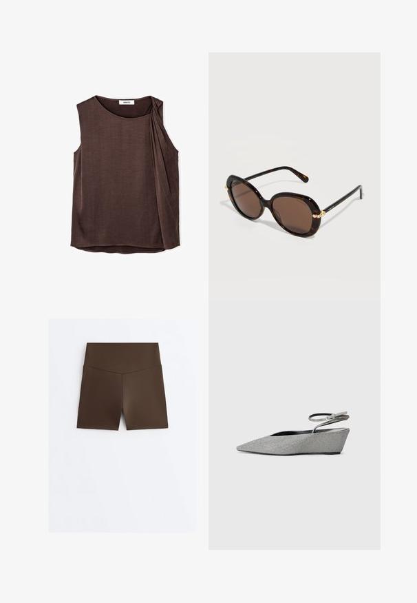 Ärmelloses dunkelbraunes Top mit rundem Ausschnitt und asymmetrischem, plissiertem Detail an der rechten Schulter.; Braune, hoch taillierte, enganliegende Sportshorts mit V-förmigem Nahtdetail am Bund, dargestellt vor weißem Hintergrund.; Silberne Keilabsatzschuhe mit spitzer Zehenpartie, Obermaterial aus strukturierter Stoff und Riemendetail am Knöchel. Schwarzes Innenfutter und Gummisohle.; Ovalförmige Sonnenbrille mit Schildpattmuster, dunklen braunen Gläsern und goldenen Kristallakzenten an den Rahmenbügeln.