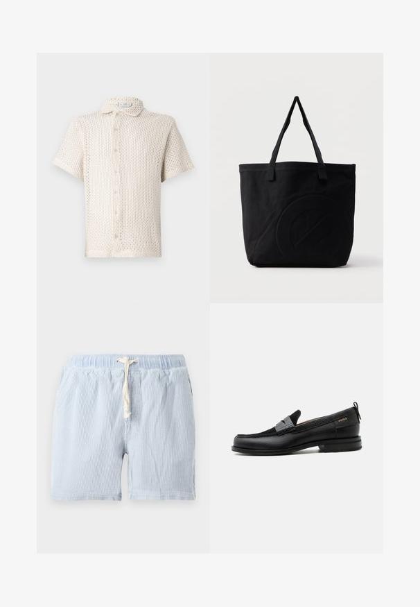 Kortærmet, lysebeige skjorte med knapper lavet af tekstureret, åbent strikket stof med krave og fem knapper nedad. ; Lyseblå, stribede shorts lavet af blødt stof med elastisk talje og snor. Har sidelommer og en afslappet pasform.; Sort læderloafer med grå remdetalje, lav hæl og tekstureret sål, mærket med "HUGO" i guld på siden.; Sort canvas-tote-taske med to skulderstropper og et diskret præget cirkeldesign på fronten.