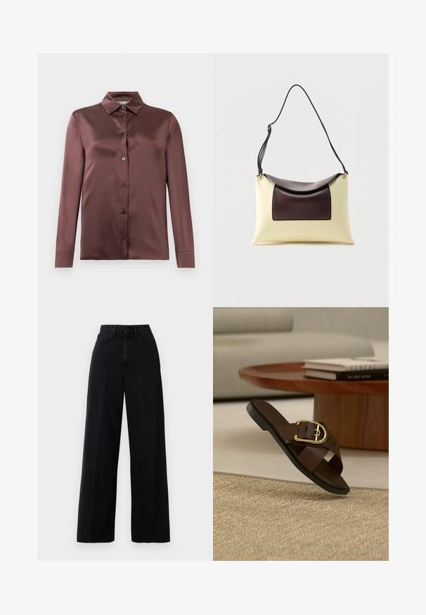 Langærmet satin skjorte i dyb mauve med spids krave og frontknapper, lagt fladt mod en hvid baggrund.; Sorte wide-leg jeans lavet af denim, med høj talje, forlommer og knaplukning. Stoffet har en glat tekstur.; Brun læder slip-on sandal med guldbøjle på beige tæppe, træ sofabord og bøger i baggrunden.; Skuldertaske i cremefarvet og mørkebrun læder med buet klap og justerbar sort rem mod hvid baggrund.