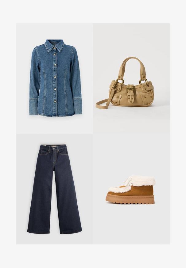 Chemise en denim bleu moyen, avec un col classique, des manches longues, une fermeture à boutons et des coutures contrastantes le long des seams.; Jean en denim à jambe large, bleu foncé, avec des surpiqûres contrastées. Présente un design traditionnel à cinq poches et une fermeture à bouton à la taille.; Bottine en daim marron avec un bord en fausse fourrure blanche, semelle en caoutchouc plate et lacets décoratifs. Présente une pointe arrondie et une surface texturée.; Sac à main en cuir beige avec double poignées, boucle en laiton et détails rivetés, ainsi qu'une bandoulière réglable sur fond blanc.