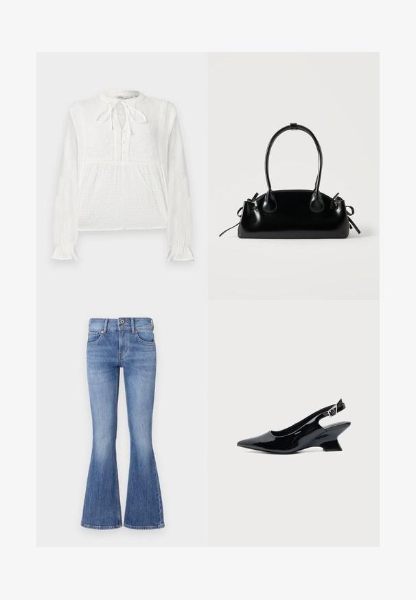 Weiße Bluse mit langen Ärmeln aus strukturiertem Stoff, bestickten Blumenmustern, Knopfleiste und Krawattenkragen.; Ausgestellte blaue Jeans aus Denim mit mittelhohem Bund, fünf Taschen und einer hellen Waschung. Merkmale sind dezente Ausbleichungen und kontrastierende Nähte.; Schwarzer Slingback-Schuh aus Lackleder mit spitzer Spitze und niedrigem, schrägem Blockabsatz auf einfachem hellem Hintergrund.; Kleine schwarze glänzende Handtasche mit zwei langen Griffen und seitlichen Kordelzug-Details vor einfachem hellem Hintergrund.