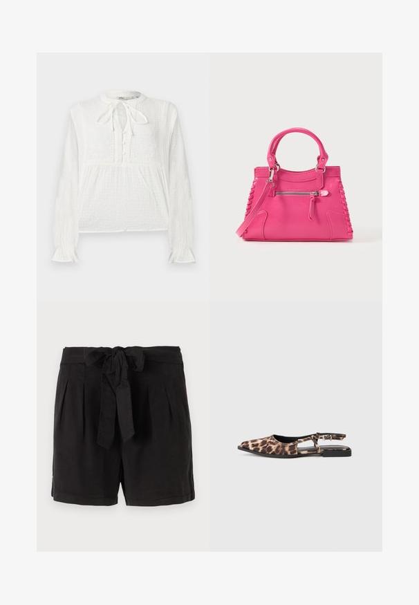 Weiße Bluse mit langen Ärmeln aus strukturiertem Stoff, bestickten Blumenmustern, Knopfleiste und Krawattenkragen.; Schwarze Baumwollshorts mit einem Bindegürtel in der Taille, Falten an der Vorderseite und Seitentaschen. Glatte Textur und lässiges Design.; Flache Slingback-Schuh mit Leopardenmuster, spitzer Zehenform, offenen Seiten und kleinem schwarzen Absatz. Das Material wirkt glatt mit einem leichten Glanz.; Rosa Lederhandtasche mit zwei Griffen, dekorativer Seitenbanda und einer vorderen Reißverschlusstasche. Glatte Textur, strukturierte Form.