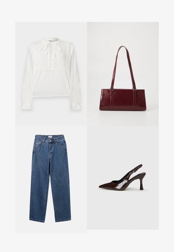 Witte blouse met lange mouwen van getextureerde stof, geborduurde bloemmotieven, knoopsluiting en een strikdetail bij de hals.; Klassieke blauwe denim jeans met een rechte pijp, vijf zakken en een knoopsluiting. Heeft een middelgrote wasbeurt en stevige textuur.; Bruine gepatineerde leren slingback pumps met een spitse neus, een dunne hak en een verstelbaar bandje met een kleine gesp.; Bourgondische handtas van glanzend materiaal, rechthoekige vorm, met twee schouderbanden en subtiele gebogen accenten aan de voorkant.