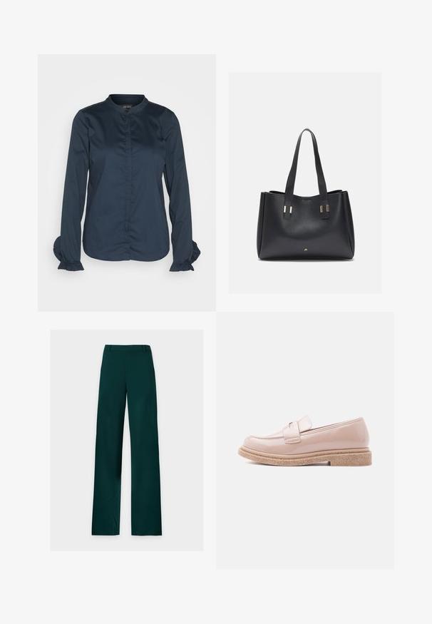 Blusa de manga larga azul marino con cuello alto, frente abotonado y puños con volantes. Fabricada en un tejido suave con un diseño estructurado.; Pantalones verde oscuro de corte recto con trabillas para cinturón, cremallera frontal y perneras anchas, colocados planos sobre un fondo blanco.; Mocasín rosa pálido brillante con una suela texturizada en tono beige y una correa a juego sobre la parte superior, mostrado de perfil sobre un fondo claro.; Bolso tote de cuero negro con una textura suave, dos asas resistentes y acentos metálicos. Presenta un diseño minimalista con una apertura en la parte superior.