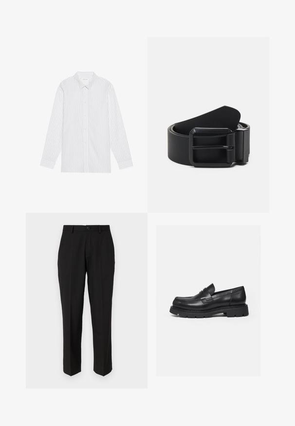 Camisa blanca de botones con finas rayas verticales negras, que presenta un cuello clásico y mangas largas con puños abotonados.; Pantalones negros de tela suave, con un diseño de pierna recta, bolsillos delanteros, un cierre de botón y sin patrones visibles.; Mocasín negro de cuero con suela gruesa y acanalada y detalle de tira para moneda, mostrado en perfil lateral derecho sobre fondo blanco.; Cinturón de cuero negro con una hebilla de metal negro mate, que presenta una superficie plana y suave y un extremo cónico. Diseño sencillo sin adornos.