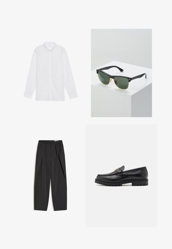 Chemise blanche à boutons avec de fines rayures verticales noires, dotée d'un col classique et de manches longues avec des poignets à boutons.; Pantalon noir taille haute, coupé droit, avec pinces et passants de ceinture, présenté à plat sur un fond blanc.; Mocassins en cuir noir avec une finition lisse, bout rond, une sangle décorative avec des accessoires en or, et une semelle noire robuste.; Lunettes de soleil Ray-Ban avec des verres verts, monture en plastique noir et accents dorés sur les bords. Forme carrée avec une finition mate.