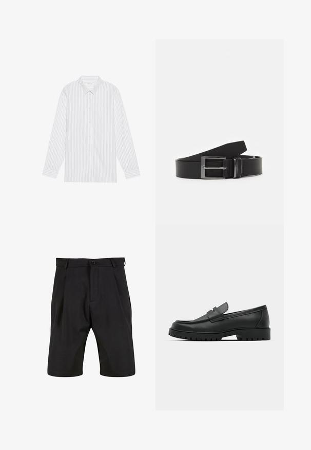 Hvid skjorte med tynde sorte lodrette striber, med en klassisk krave og lange ærmer med knapmanchetter.; Sorte shorts lavet af et glat stof med skræddersyet design, der har en frontknaplukning, læg og sidelommer.; Sorte læder loafers med rund tå, der har et syet design, lav platformssål og en struktureret, skridsikker gummisål.; Sorte læderbælte med en rektangulær sølvmetalspænde, fladt design og glat tekstur. Enderne er tilspidsede for nem påtrækning.