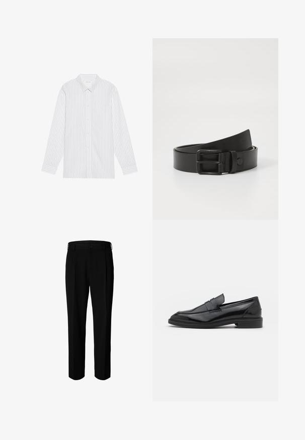 Witte knoopsluiting overhemd met dunne zwarte verticale strepen, voorzien van een klassieke kraag en lange mouwen met knoopmanchetten.; Zwarte formele broek met riemlussen, voorste knoop en ritssluiting, weergegeven tegen een witte achtergrond.; Zwarte leren instappers met een gladde afwerking, voorzien van een ronde neus en een smalle band over de bovenkant. Lage gestapelde hak.; Zwarte leren riem met een rechthoekige metalen gesp. Heeft een gladde textuur en een minimalistisch ontwerp, rolt lichtjes op aan het einde.