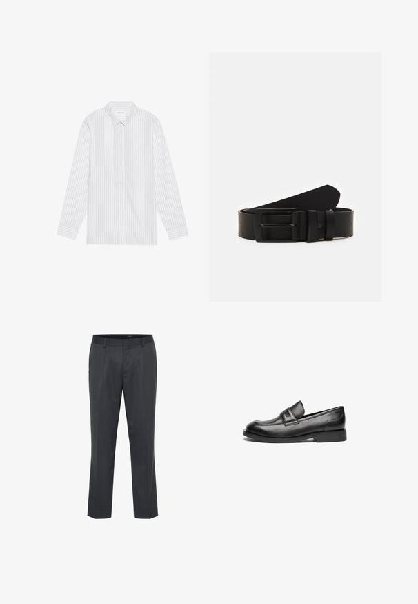 Camisa blanca de botones con finas rayas verticales negras, que presenta un cuello clásico y mangas largas con puños abotonados.; Pantalones de corte oscuro en gris, confeccionados con un tejido suave, que presentan un frontal plano, piernas con pliegues y una cinturilla estándar. Sin bolsillos visibles ni adornos.; Mocasines de cuero negro presentan una puntera redondeada, una costura cosida en la parte superior y una suela de goma baja y plana. Textura suave sin patrones visibles.; Cinturón de cuero negro enrollado con una hebilla metálica rectangular negra mate y dos trabillas sobre un fondo blanco.