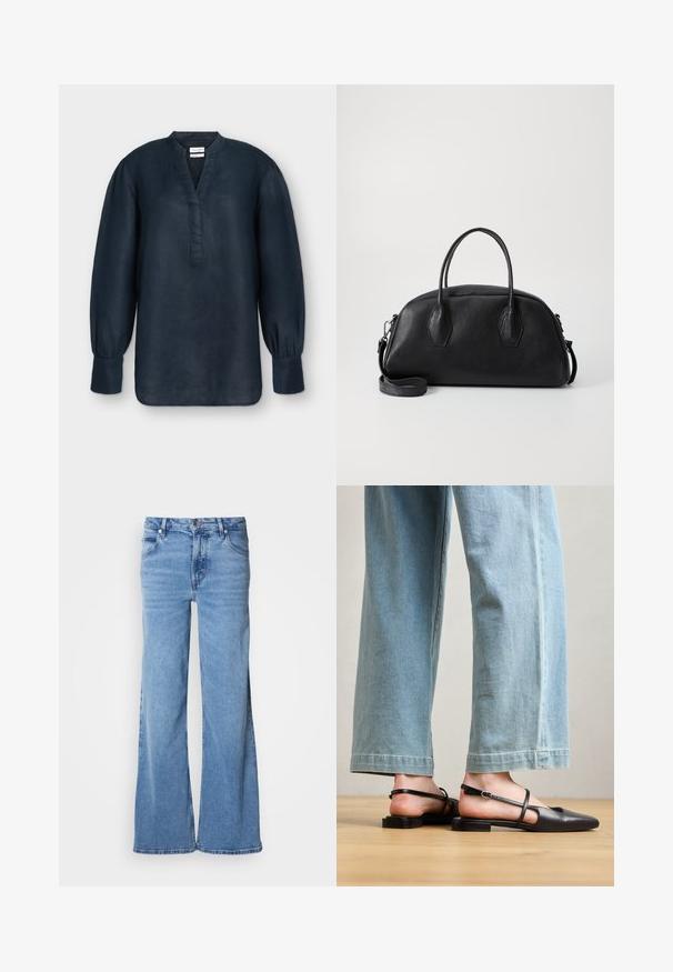 Langærmet navyblå bluse med mandarinkrave, V-halsudskæring, rynkede manchetter og løs pasform, vist på en ensfarvet baggrund.; Lyseblå jeans med vid ben lavet af denim. Har et klassisk fem-lomme-design og synlig knaplukning. Blød tekstur og enkel finish.; Sorte læder slingback-sko med spidse tæer, flad hæl og ankelrem; båret med lyseblå viddebenede jeans.; Sort læder håndtaske med rund form, dobbelte top håndtag, tekstureret overflade og aftagelig skulderrem. To hexagonale detaljer på siderne.