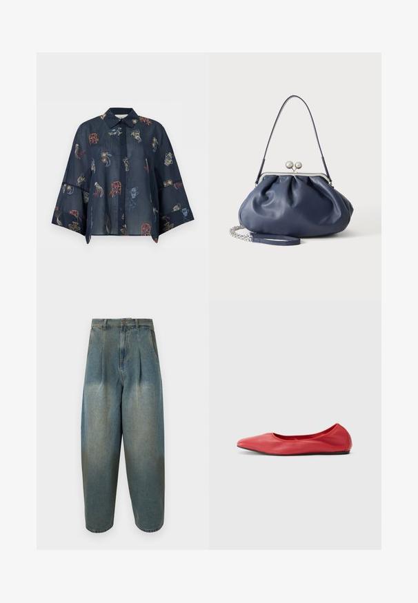 Blouse bleu marine transparente avec longues manches larges, boutonnée devant, col et motifs brodés abstraits multicolores.; Jean en denim bleu à taille haute, coupe ample, avec des plis, une fermeture avant à boutons et fermeture éclair, et des poches latérales.; Filippa K REY FLATS - Ballerines - bright red; Sac à main en cuir bleu marine doux avec fermeture à boucle argentée, une seule bandoulière, et une chaîne de poignet amovible sur fond blanc.