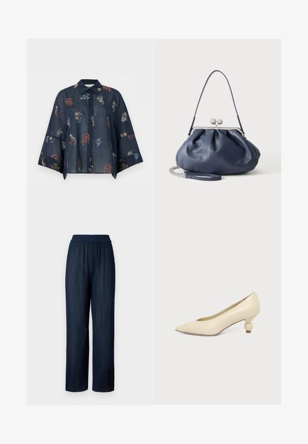Navyblaue transparente Bluse mit langen, weiten Ärmeln, Knopfleiste vorne, Kragen und mehrfarbigen, abstrakten Stickmustern.; Marinefarbige, weit geschnittene Hosen aus gefaltetem Stoff, mit elastischem Bund und weichem Material, konzipiert für Komfort und Bewegungsfreiheit.; Damenpumps in cremefarben mit spitz zulaufender Schuhspitze und niedrigem, kugelförmigem Absatz vor einfarbigem Hintergrund.; Weiche navyblaue Ledertasche mit silberner Verschlussklammer, einem einzelnen Schulterriemen und abnehmbarem Ketten-Handgelenksriemen auf weißem Hintergrund.