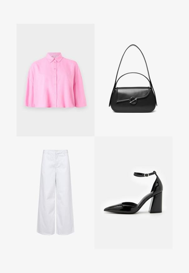 Camisa de botones de manga corta rosa con cuello puntiagudo y un ajuste relajado. Fabricada en tejido ligero con una textura suave.; Pantalones anchos blancos de algodón, con una cinturilla estructurada y bolsillos frontales. Textura suave con un diseño limpio y minimalista.; Zapato de tacón alto de charol negro con punta afilada, correa en el tobillo y ancho tacón bloque para mayor estabilidad, con una textura suave y brillante.; Bolso de hombro de cuero negro con una solapa curva asegurada por un broche metálico redondo y una correa delgada y ajustable.