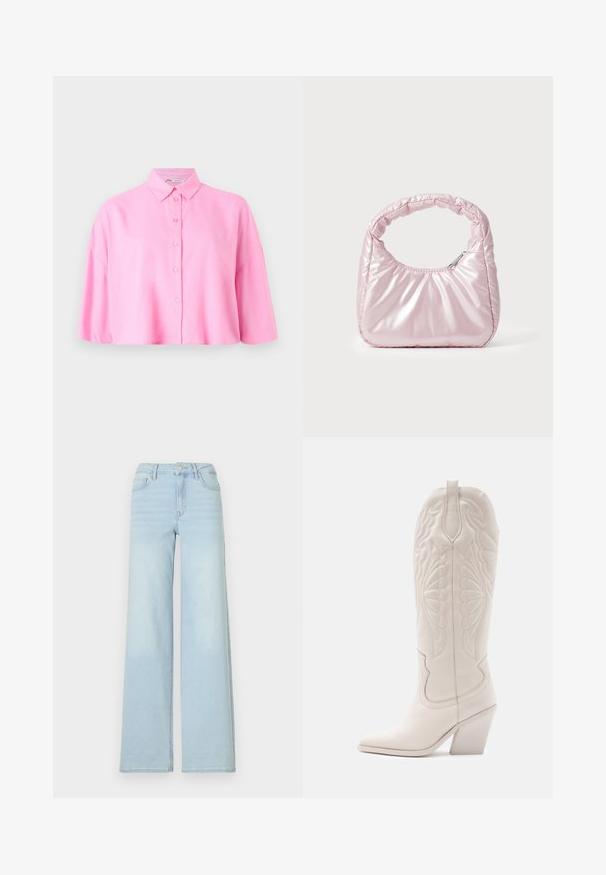 Chemise rose à manches courtes avec un col pointu et une coupe décontractée. Fabriquée en tissu léger avec une texture lisse.; Jeans wide en denim bleu clair avec un design classique à cinq poches et une fermeture à bouton à l'avant. Présente une légère décoloration sur le devant.; Bottine de cowboy en cuir blanc avec un bout pointu et un talon bloc. Présente des motifs de broderie complexes sur la tige et une texture lisse.; Sac à main rose rembourré avec un design arrondi, fabriqué à partir d'un matériau brillant. Dispose d'une poignée froncée et d'une fermeture éclair pour un accès sécurisé.