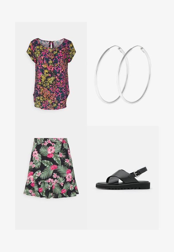 ONLY Petite ONLNOVA LIFE - Bluse - night sky floral garden; Pieces Petite PCNYA SKIRT - A-snit nederdel - loden frost/palms; Sorte lædersandaler med et korsremdesign, justerbar spænde og en tekstureret sål med riller for bedre greb.; Sølvfarvede hoop øreringe med en glat, rund form og en poleret overflade. Begge øreringe er i samme størrelse og har en sikker lukke mekanisme.