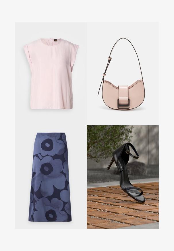 Top rosa de manga corta con escote redondo y un sutil brillo. Presenta un cierre de cremallera en la parte posterior y un ajuste relajado. Textura suave.; Falda midi con estampado floral que presenta grandes flores azul oscuro sobre un fondo azul más claro; la tela parece suave con una textura ligeramente brillante.; Sandalia negra de tacón alto con correa en el tobillo, parece suspendida sobre un suelo de baldosas de madera al aire libre, con un fondo difuminado de vegetación y piedra.; Pequeño bolso de piel rosa curvado con un acabado brillante, que presenta una correa de acento negra y un gran cierre de broche negro. Diseño cruzado.
