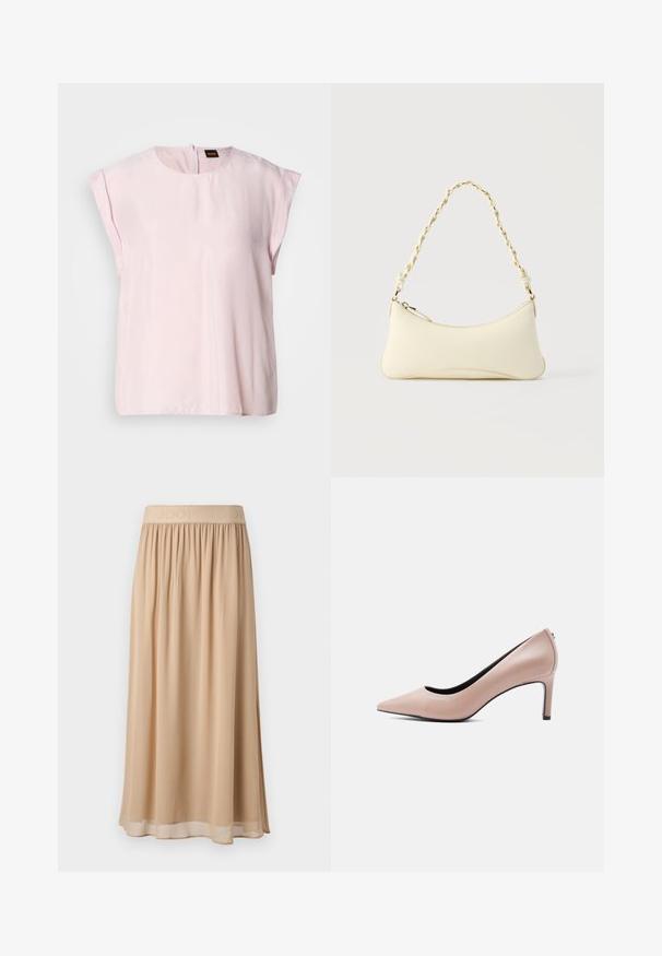 Roze, korte mouw top met een ronde hals en een subtiele glans. Heeft een ritssluiting aan de achterkant en een casual pasvorm. Zachte textuur.; Beige midi-rok met een brede elastische tailleband waarop de merknaam staat. Zacht, vloeiend materiaal met een gladde textuur en een eenvoudig ontwerp.; Beige pump met spitse neus en een slanke naaldhak op een effen witte achtergrond.; Kleine handtas in crèmekleur met een gebogen vorm en gevlochten kettinghengsel in goudkleur, ritssluiting aan de bovenkant