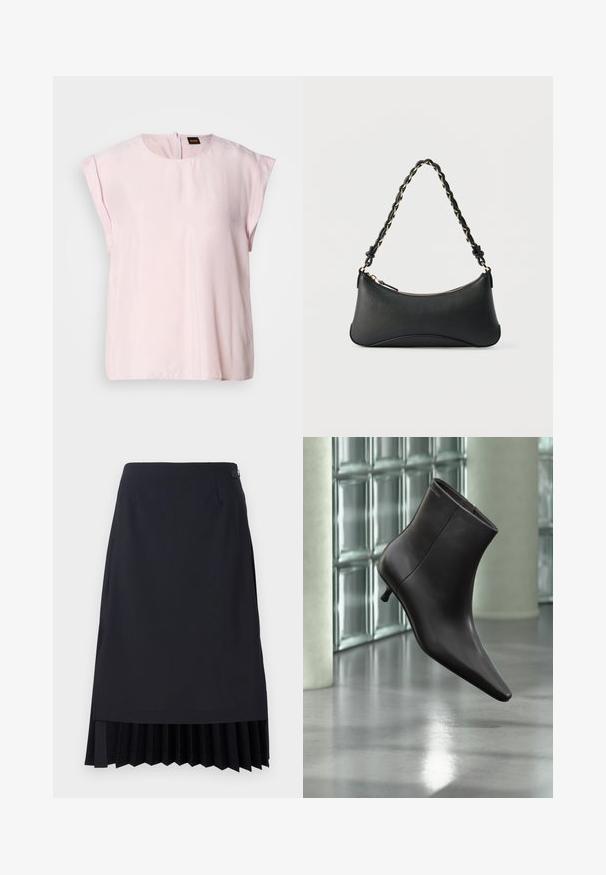 Haut rose à manches courtes avec un col rond et un léger éclat. Présente une fermeture zippée au dos et une coupe décontractée. Texture lisse.; Jupe crayon noire avec un ourlet plissé, coupe ajustée et texture lisse. Comprend une fermeture éclair latérale discrète et des détails minimalistes.; Bottine en cuir noir avec bout pointu et petit talon, présentée devant un mur en blocs de verre et un sol poli.; Sac à bandoulière en cuir noir de forme rectangulaire incurvée, avec une chaîne dorée tissée dans la bandoulière noire tressée et une fermeture éclair sur le dessus.