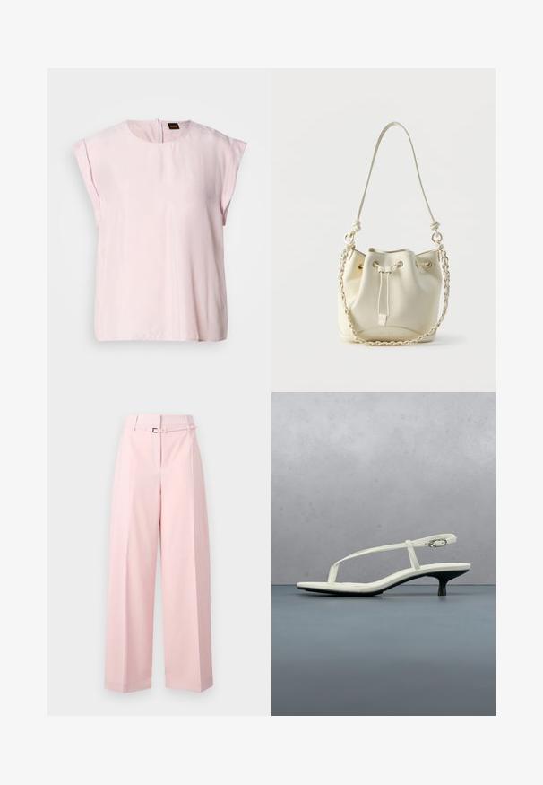 Top rosa de manga corta con escote redondo y un sutil brillo. Presenta un cierre de cremallera en la parte posterior y un ajuste relajado. Textura suave.; Pantalones de pierna ancha en rosa suave, con cintura alta, cinturón con hebilla plateada y pliegues sutiles para añadir estructura.; Sandalia blanca de tacón kitten con tiras y punta afilada, flotando sobre un suelo de baldosas de madera al aire libre, con un fondo desenfocado de plantas y pared.; Bolso bombonera de cuero crema con cierre de cordón, cadena trenzada y correa de cuero para el hombro, y ojales en tono dorado.