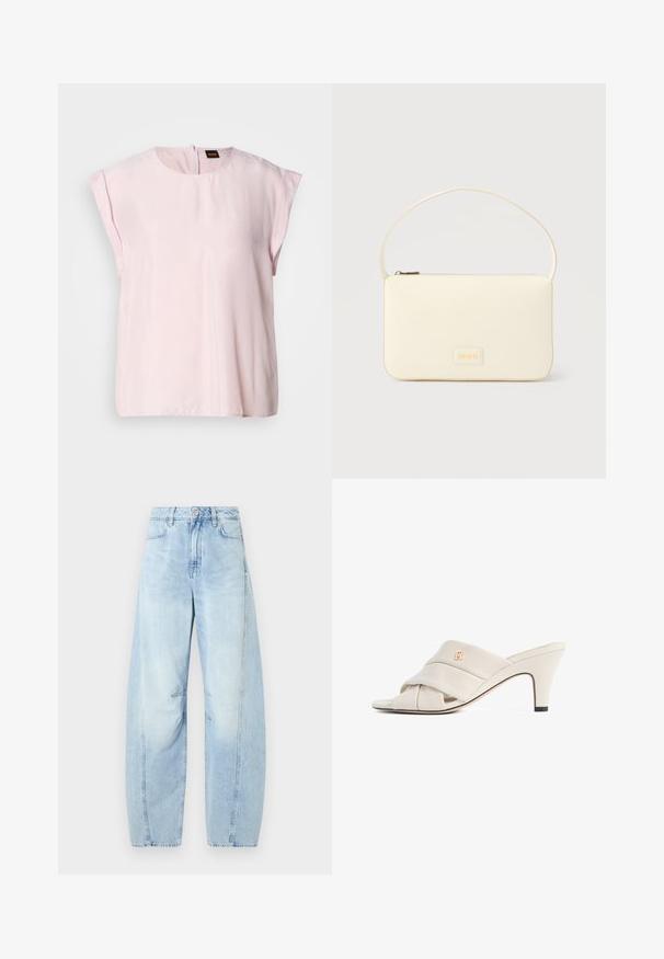 Haut rose à manches courtes avec un col rond et un léger éclat. Présente une fermeture zippée au dos et une coupe décontractée. Texture lisse.; Jean large en denim bleu clair à taille haute, avec un bouton de fermeture, des poches avant et un léger dégradé.; Mules à talons hauts beiges avec un design de bride en cuir torsadé, bout ouvert et motif de logo en relief. Le talon présente un détail d'embout noir.; Sac à main rectangulaire de couleur crème avec une seule sangle et une fermeture éclair sur le dessus, comportant une petite plaque de logo embossé à l'avant.
