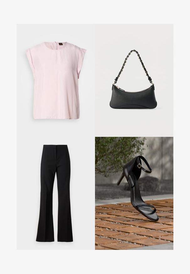 Top rosa de manga corta con escote redondo y un sutil brillo. Presenta un cierre de cremallera en la parte posterior y un ajuste relajado. Textura suave.; Pantalones de campana negros hechos de una tela suave, con cintura alta, pliegues delanteros y un acabado limpio en los bajos.; Sandalia negra de tacón alto con correa en el tobillo, parece suspendida sobre un suelo de baldosas de madera al aire libre, con un fondo difuminado de vegetación y piedra.; Bolso de hombro de cuero negro con forma rectangular curvada, cadena dorada entrelazada en una correa negra trenzada y cierre superior con cremallera.