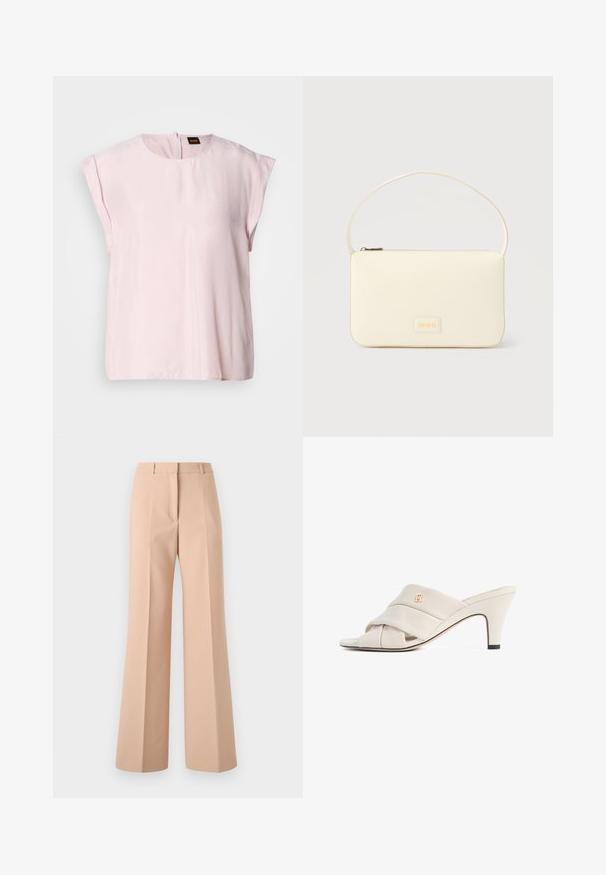 Top rosa de manga corta con escote redondo y un sutil brillo. Presenta un cierre de cremallera en la parte posterior y un ajuste relajado. Textura suave.; Pantalones de tiro alto color beige con un diseño de pierna ancha. Confeccionados en tejido suave, presentan pliegues frontales y una cinturilla limpia.; Mules de tacón alto beige con diseño de tira de cuero torcida, punta abierta y detalle de logotipo en relieve. El tacón tiene un detalle en punta negra.; Bolso rectangular color crema con una sola correa y cremallera superior, con una pequeña placa de logotipo en relieve en el frente.