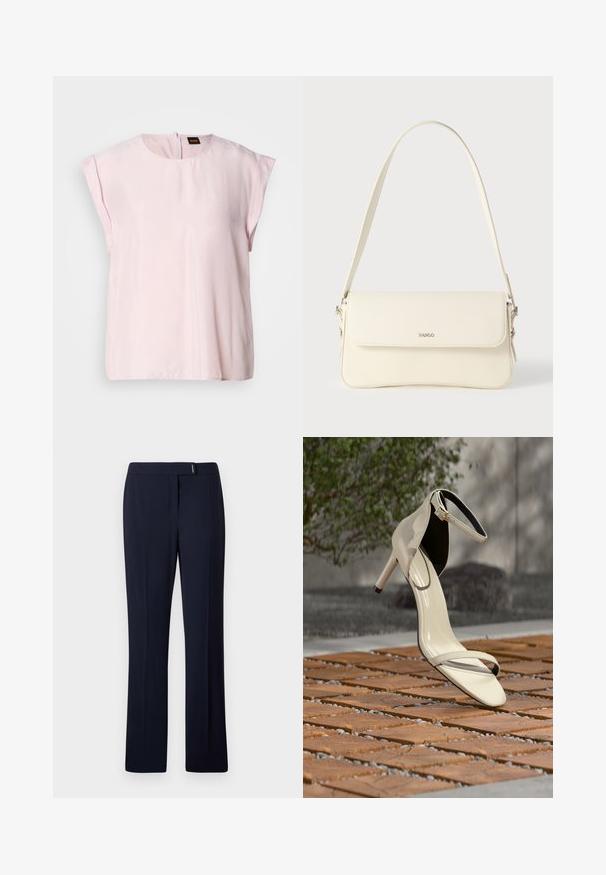 Roze, korte mouw top met een ronde hals en een subtiele glans. Heeft een ritssluiting aan de achterkant en een casual pasvorm. Zachte textuur.; Navyblauwe op maat gemaakte broeken van een gladde stof, met een platte voorkant, rechte pijpen en een subtiele zilveren accent bij de taille.; Beige sandaal met hoge hak en enkelriem, geplaatst op houten latten buiten, met vervaagde groene planten en betonnen achtergrond.; Schoudertas van crèmegekleurd leer met een klepafsluiting, zilverkleurige hardware, een enkele verstelbare riem en subtiele logodetails.