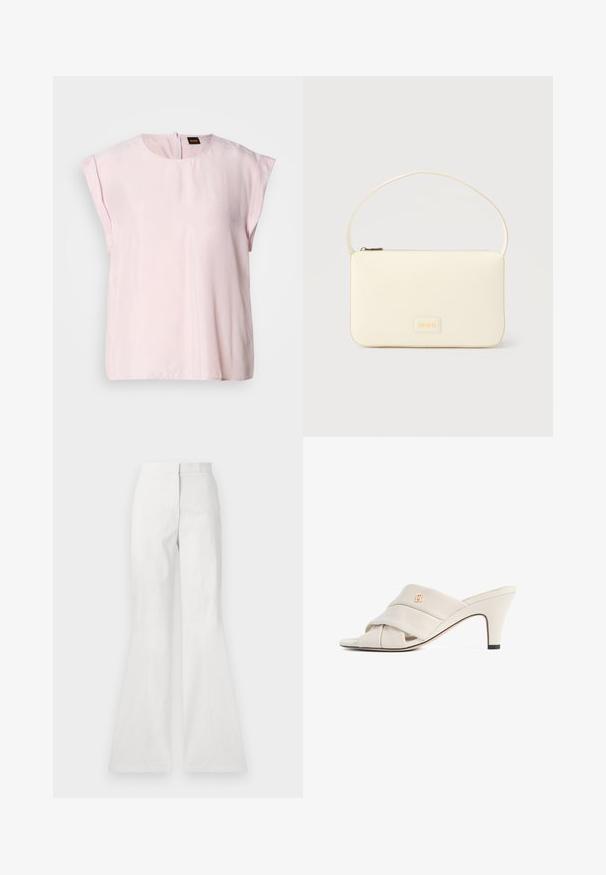 Top rosa de manga corta con escote redondo y un sutil brillo. Presenta un cierre de cremallera en la parte posterior y un ajuste relajado. Textura suave.; Pantalones acampanados blancos hechos de tejido ligero, con una textura suave, detalle de costura frontal y una cinturilla ajustada.; Mules de tacón alto beige con diseño de tira de cuero torcida, punta abierta y detalle de logotipo en relieve. El tacón tiene un detalle en punta negra.; Bolso rectangular color crema con una sola correa y cremallera superior, con una pequeña placa de logotipo en relieve en el frente.