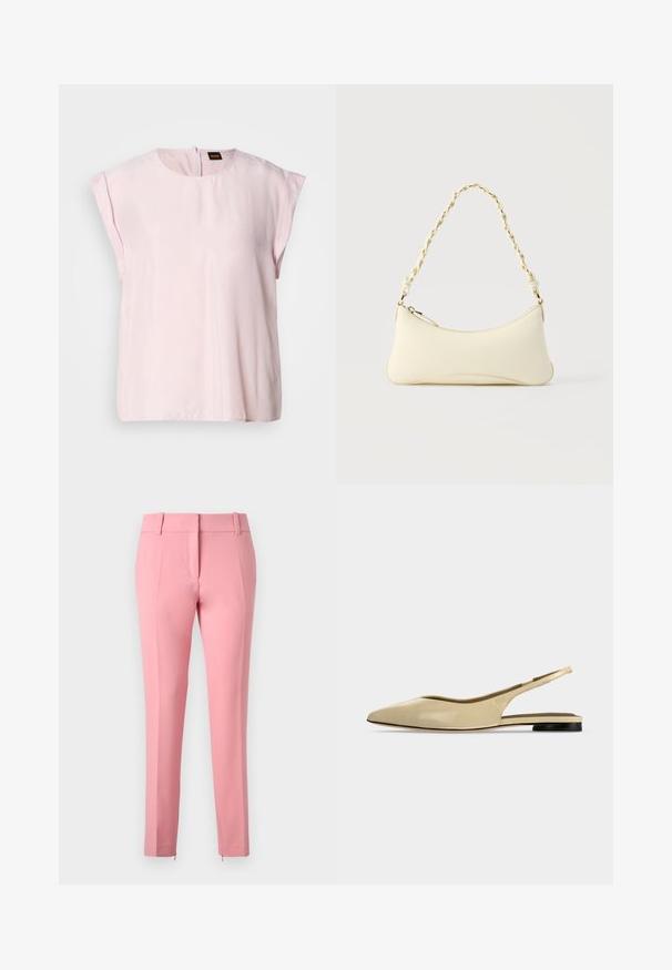 Roze, korte mouw top met een ronde hals en een subtiele glans. Heeft een ritssluiting aan de achterkant en een casual pasvorm. Zachte textuur.; Rosa op maat gemaakte broeken met een gladde textuur, rechte benen en een ritsdetail aan de zoom. Voorzien van riemlussen en een platte voorkant.; Beige platte slingback schoen met puntige neus, lage zwarte hak en een glad leren afwerking, zijaanzicht op een effen achtergrond.; Kleine handtas in crèmekleur met een gebogen vorm en gevlochten kettinghengsel in goudkleur, ritssluiting aan de bovenkant