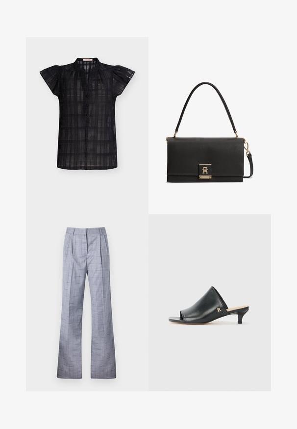 Blusa negra de manga corta con patrón de cuadros texturizado, cuello con solapa y botones en la parte delantera; tejido ligero y parcialmente transparente.; Pantalones de cuadros grises con un diseño de pernera ancha, que cuentan con pliegues y una textura sutil. Fabricados en tejido ligero con un ajuste entallado.; Mules de cuero negro de punta abierta con un tacón bajo. Presentan una superficie lisa y un acento del logo dorado en el costado.; Bolso de mano de cuero negro texturizado con asa superior, cierre dorado con el logo entrelazado de TH y una correa para el hombro desmontable.