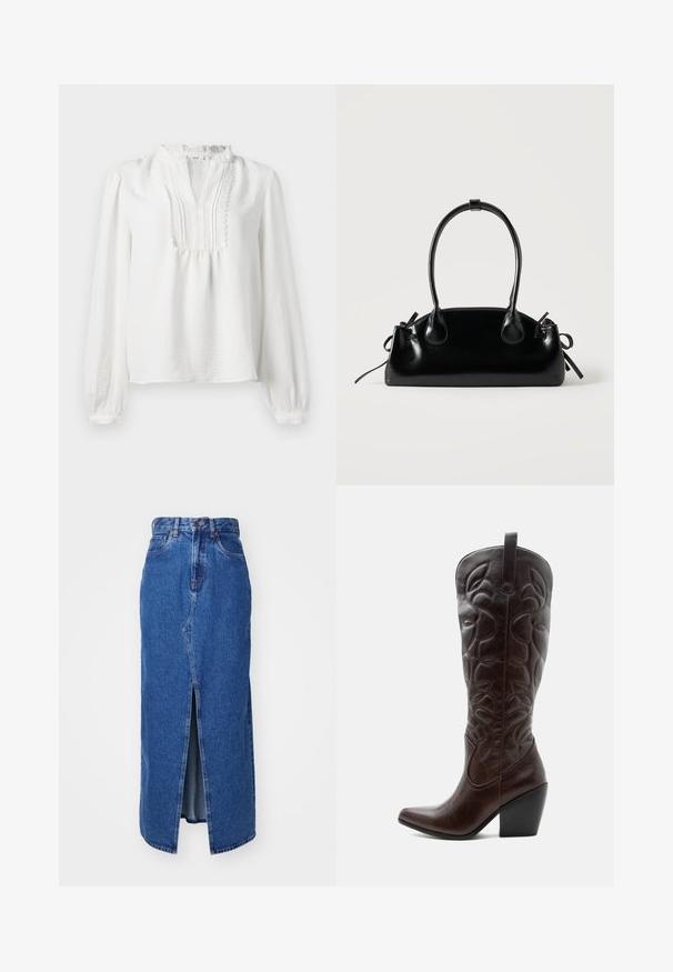 Witte blouse met lange mouwen, een gerimpelde halslijn, geplooid voorpaneel en elastische manchetten. Zachte stof met een licht gestructureerde afwerking.; Denim maxi rok in medium blauw met een voorste split, hoge taille en klassiek vijf-pocket ontwerp. Geweldige contraststiksels en een ritsluiting.; Lange donkerbruine leren cowboylaars met gestikte decoratieve patronen, spitse neus en gestapelde blokhak.; Kleine zwarte glanzende handtas met twee lange hengsels en zijkant trekkoord details op een effen lichte achtergrond.