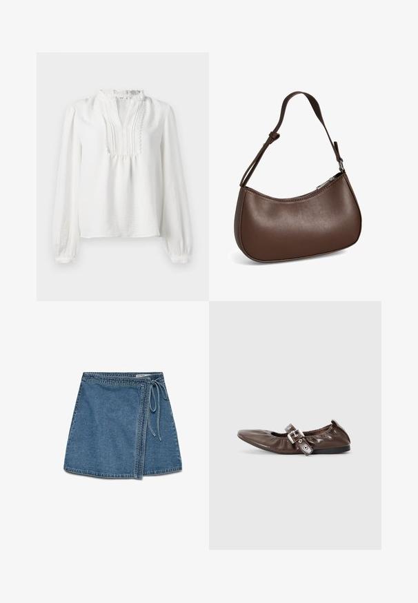 Hvid langærmet bluse med en flæse ved halsudskæringen, plisseret frontdetalje og elastiske manchetter. Blødt stof med en let struktureret finish.; Denim indigo omslagskørt i lys blå med et bånd i taljen, der har en lige pasform og en glat tekstur. Ingen synlige mønstre eller dekorationer.; Brun lakeret flad sko med spids tå, elastisk sløjfedetalje og en sølvspændeaccent på siden. Sort gummisål.; Lille brun skuldertaske i læder med justerbar rem og lynlåslukning, vist mod hvid baggrund. Ingen synligt branding eller dekorationer.