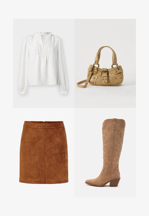 Blusa blanca de manga larga con escote con volantes, detalle plisado en la parte delantera y puños elásticos. Tejido suave con un acabado ligeramente texturizado.; Minifalda de ante marrón con una textura suave, corte recto y un discreto cierre de cremallera en la parte trasera. Presenta detalles de costura para darle estructura.; Bota cowboy de ante de color tostado hasta la rodilla con costuras decorativas, punta afilada, tacón medio apilado en ángulo y tirador cerca de la parte superior.; Bolso de cuero beige con doble asa, hebilla y remaches de latón, y una correa de hombro ajustable sobre un fondo blanco.