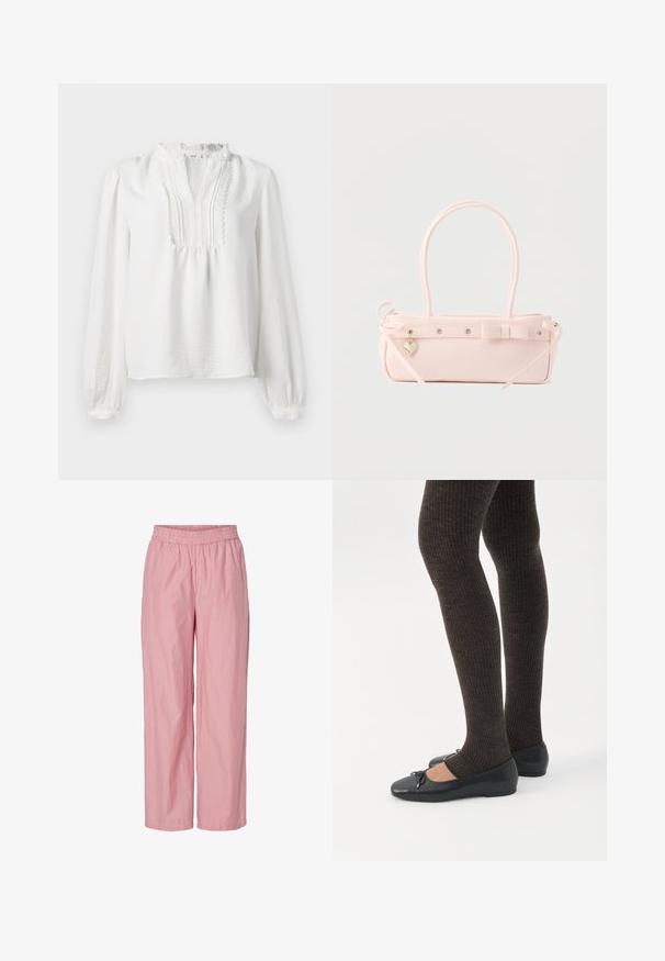 Weiße Langarmbluse mit einem Rüschenausschnitt, gefalteten Vorderteil und elastischen Bündchen. Weicher Stoff mit einer leicht strukturierten Oberfläche.; Rosa gestreifte weit geschnittene Hose mit elastischem Bund. Hergestellt aus leichtem Stoff mit glatter Textur. Enthält subtile vertikale Streifen.; Beine in dunklen, gerippten Leggings kombiniert mit schwarzen Ballerinas mit kleinen Schleifendetails auf weißem Hintergrund.; Blassrosa rechteckige Handtasche mit doppelten Griffen, dekorativer Schleife, Metallösen und kleinem herzförmigem Anhänger vor einfarbigem Hintergrund.