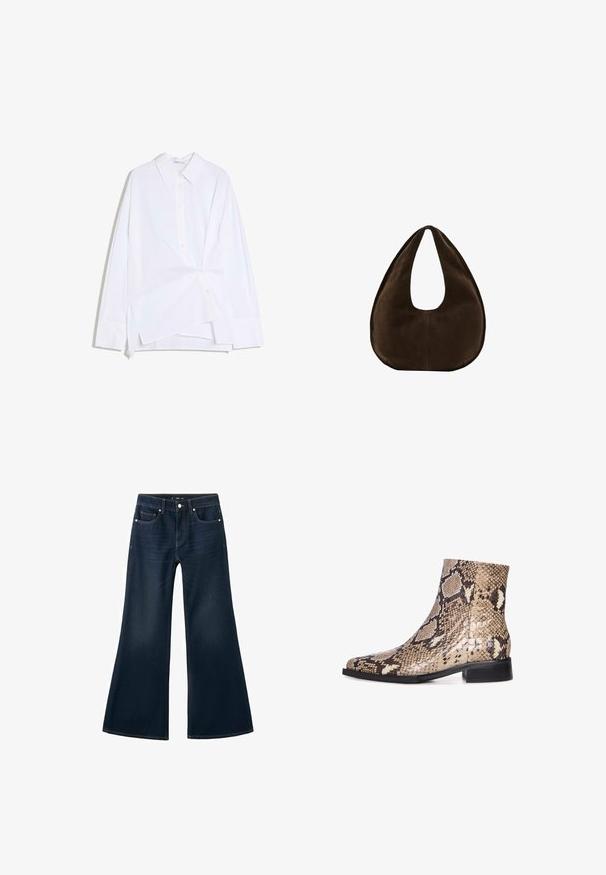 Wit overhemd met lange mouwen, asymmetrisch gedraaide voorkant en klassieke kraag, weergegeven op een witte achtergrond.; Donkerblauwe denim flare jeans met een hoge taille, een ontwerp met vijf zakken en contrasterende stiksels. Gladde textuur met een brede pijpopening.; Schoen van slangenleer tot de enkel met een puntige neus, met een glanzende afwerking, neutrale beige en bruine kleuren, lage zwarte hak en een gestructureerd patroon.; Donkerbruine suède handtas in halve maanvorm met een enkele brede riem en een gladde textuur op een witte achtergrond.