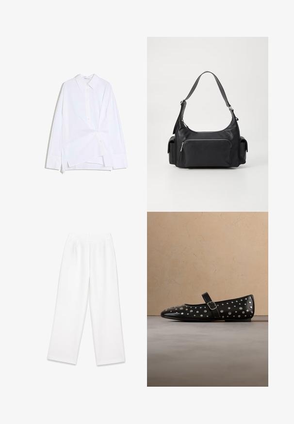 Chemise blanche à manches longues avec boutons, devant asymétrique torsadé et col classique, présentée sur un fond blanc.; Pantalon blanc à jambes larges avec une texture lisse, comportant des plis avant, une fermeture éclair et des passants de ceinture. Aucuns motifs ou accents visibles.; Chaussure Mary Jane en cuir verni noir avec des clous argentés et une bride à boucle, présentée sur un fond de tapis beige et canapé.; Sac à épaule en cuir noir, de forme arrondie, avec une poche avant zippée et deux poches latérales. Dispose d'une seule sangle réglable.