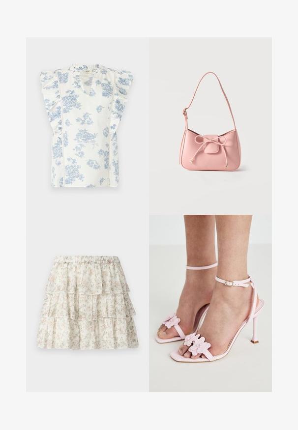 Blouse blanche sans manches avec imprimé floral bleu, épaules froncées et petite ouverture en V.; Jupe blanche avec un design en couches et volants. Présente un motif floral délicat en rose et vert. Taille élastique pour plus de confort.; Sandales à talons hauts roses avec des appliqués floraux, une fine bride de cheville et un design ouvert à l'avant. Texture lisse et forme de pointe.; Petit sac bandoulière rose pastel avec sangle réglable et détail nœud à l'avant avec extrémités dorées sur un fond uni.