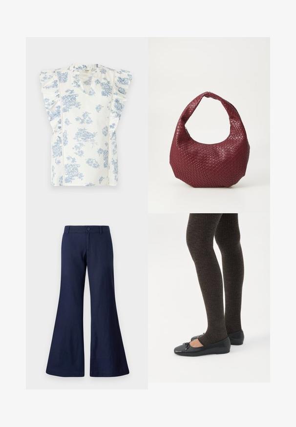 Blusa blanca sin mangas con estampado floral azul, hombros con volantes y una pequeña abertura en forma de V en el cuello.; Pantalones acampanados azul marino hechos de algodón, con cierre de botón, presillas para cinturón y una textura suave con aberturas de pierna anchas.; Piernas con leggings oscuros acanalados combinados con bailarinas negras que presentan pequeños detalles de lazo sobre un fondo blanco.; Bolso de mano burdeos tejido con una silueta redondeada, un solo asa y un acabado texturizado. Cierre con cremallera en la parte superior.