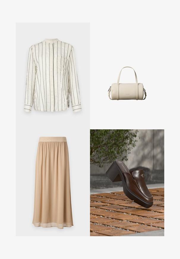 Langærmet skjorte i cremefarvet stof med lodrette sorte striber, med ståkrave, frontknaplukning og brystlomme.; Beige midi-nederdel med bred elastisk talje med mærkenavn. Blødt, flydende materiale med glat tekstur og enkelt design.; Brun læder Calvin Klein hæl mule svævende over trægulv med en sløret grøn plante og væg baggrund.; Lille cylindrisk beige læderhåndtaske med to håndtag, en aftagelig skulderrem og Calvin Klein-logo på fronten.