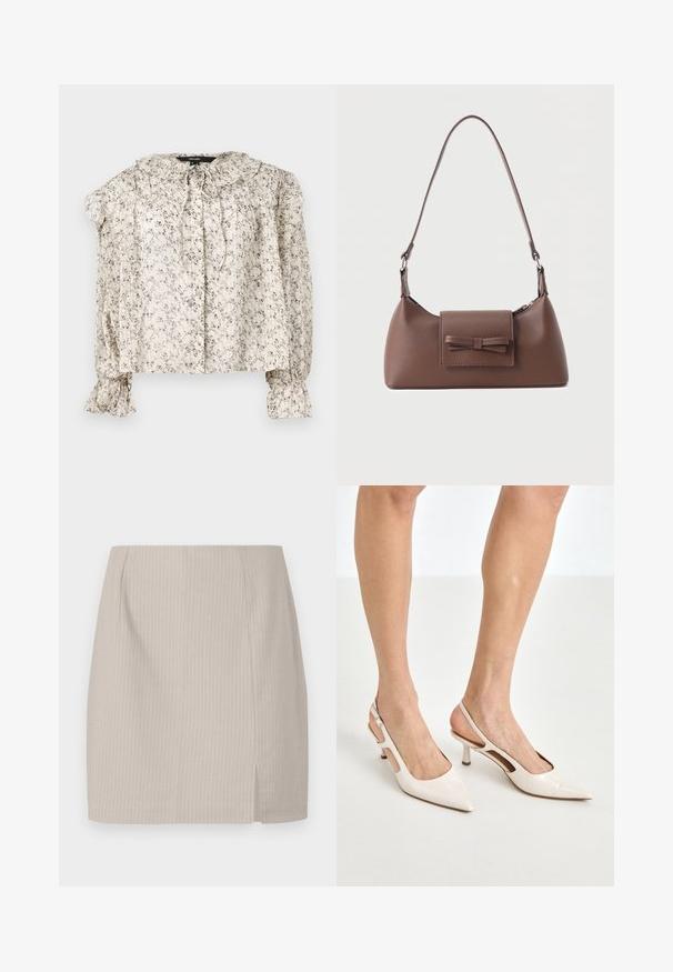 Blouse légère en crème avec un petit imprimé floral. Présente un col volé, un détail à nouer et des manches froncées avec des poignets évasés. Cinq boutons.; Jupe crayon beige avec une texture rayée, une coupe droite et une fente sur le côté pour plus de mouvement. Fabriquée en tissu léger.; Escarpins à talon slingback en cuir verni beige avec un bout pointu et un talon de 5 cm, présentant des côtés découpés et une fine bride à la cheville.; Sac à bandoulière en cuir marron avec une poche à rabat avant ornée d'un détail en forme de nœud cousu et une sangle réglable.