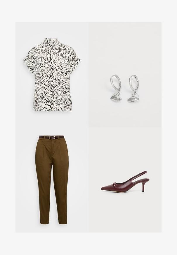 Blusa de botones con base blanca y manchas abstractas negras, manga corta y cuello clásico. Tejido ligero y suave.; Pantalones marrones ajustados con una tela suave, que presentan pliegues frontales y un cinturón de cuero marrón con una hebilla plateada. Diseño elegante y ajustado.; Zapato pump de cuero burdeos con tiras traseras, punta afilada, tacón de aguja bajo y pequeño detalle de nudo en la parte delantera, mostrado sobre un fondo liso.; Pendientes de aro de plata con una forma abstracta y suave que cuelga de cada uno, presentando un acabado brillante y pulido.