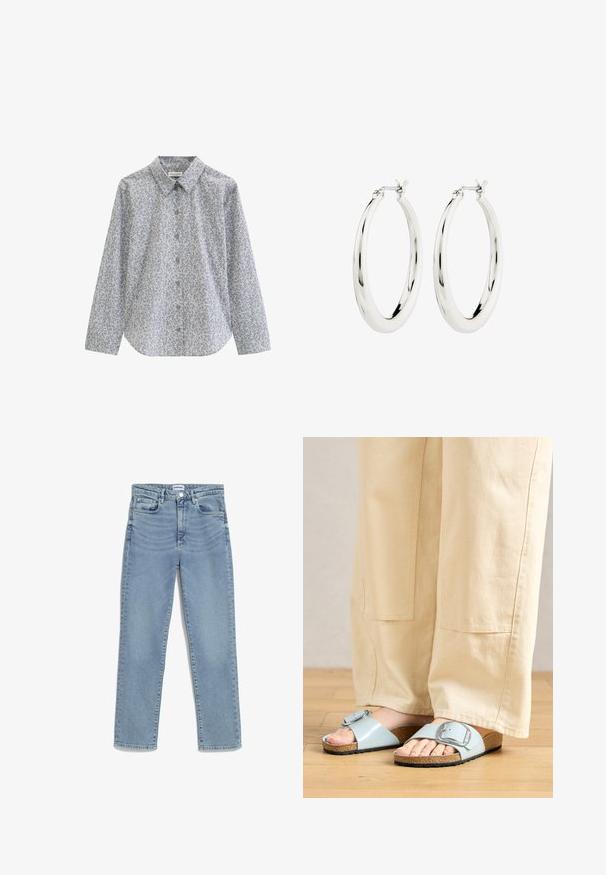 Wit overhemd met lange mouwen, kleine donkere bloemenprint en puntige kraag, weergegeven tegen een witte achtergrond.; Lichtblauwe jeans met een recht model, vijf-pocket ontwerp, sluiting met een voorknoop en subtiele vervaging op de bovenbenen. Klassieke denimtextuur.; Lichtblauwe schuursandalen met een brede band en een zilveren gesp, met een getextureerde kurken voetbed en een zwarte rubberen zool.; Zilveren oorbellen in de vorm van een gladde, glanzende ring. Circulaire vorm, voorzien van een veilige sluiting. Eenvoudig en elegant ontwerp.